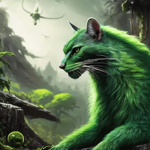 Prompt: Detailed green cat gaming, vibrant and realistic digital painting, sleek and modern gaming setup, ultra-detailed fur with green highlights, intense and focused gaming expression, high-tech gaming peripherals, lush greenery in the background, best quality, highres, ultra-detailed, digital painting, realistic, gaming, vibrant tones, sleek design, professional, atmospheric lighting