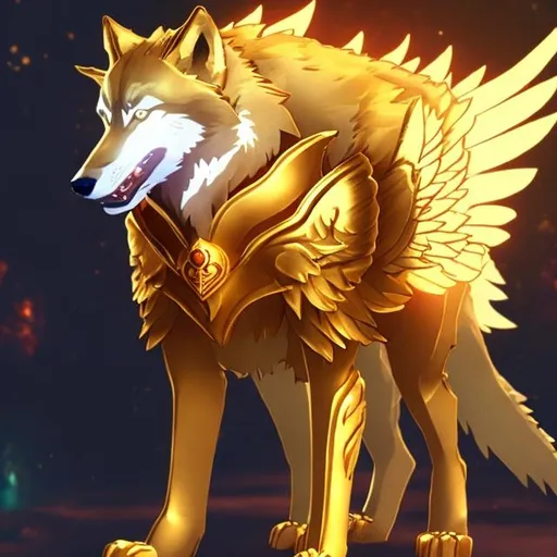 Prompt: a gold wolf with gold hock wings and a glowing red chest and some red on its tale anime gril