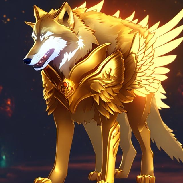 Prompt: a gold wolf with gold hock wings and a glowing red chest and some red on its tale anime gril