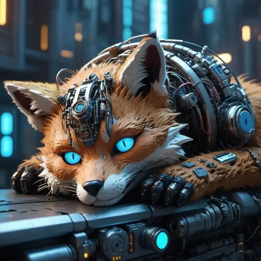 Prompt: Highly detailed foxpunk scene sleeping, hyper-realistic 4K rendering, volumetric lighting, HD quality, futuristic cityscape backdrop, mechanical feline with intricate joints and circuit patterns, cool-toned futuristic atmosphere, detailed fur with lifelike textures, cyberpunk aesthetic, ultra-detailed, volumetric lighting, professional rendering, HD, 4K blue eyes sleeping