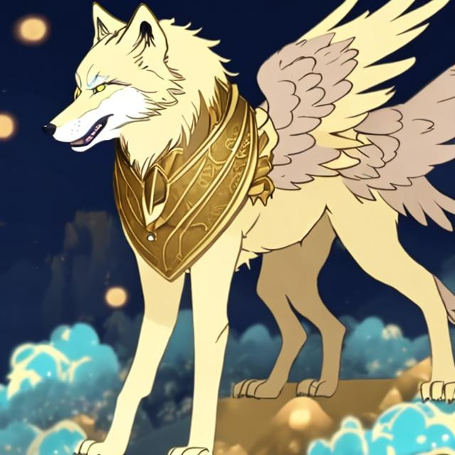 Prompt: a gold wolf with gold hock wings and a glowing blue chest and some blue on its tale anime boy