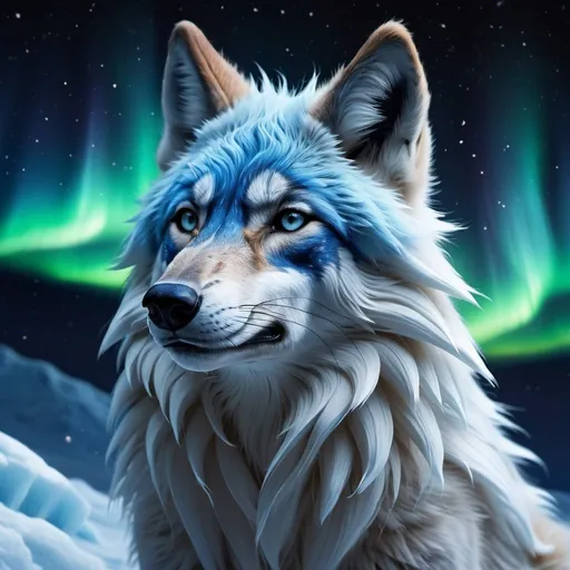 Prompt: ice element dark blue wolf with some light blue mixed in, {alolan Ninetales}, wolf, maned wolf, kitsune, ice element, detailed artwork, portrait, glistening ice blue mixed in with its dark blue fur, 8k, detailed background, auroras, brilliant night sky, mischievous, thick billowing mane, hyper realism, realistic, hyper realistic with the northern lights in the sky no orang and no whit at all
