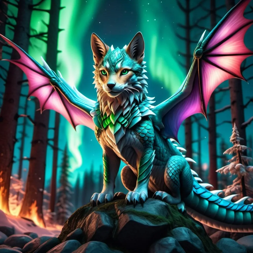 Prompt: wild fox dragon warrior siting in hyper realistic fantasy forest future seen with northern lights above the wild fox warrior wild fox dragon warrior fire element siting in hyper realistic fantasy forest future seen with northern lights above the wild fox warrior the wild fire element fox dragon has two dragon wings cute detailed
