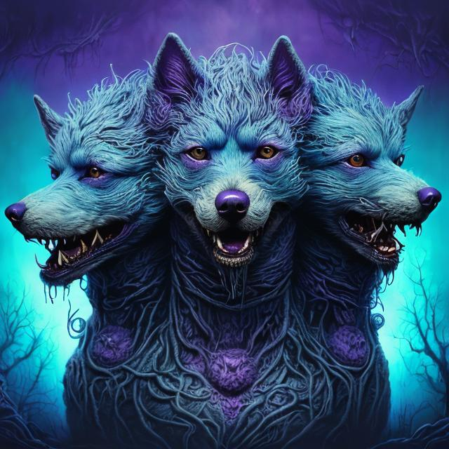 Prompt: 3-headed purple man-dog with light blue accents, detailed fur with reflections, surreal fantasy style, intense and eerie gaze, magical forest setting, high quality, fantasy, surreal, detailed fur, multiple heads, purple and light blue, atmospheric lighting