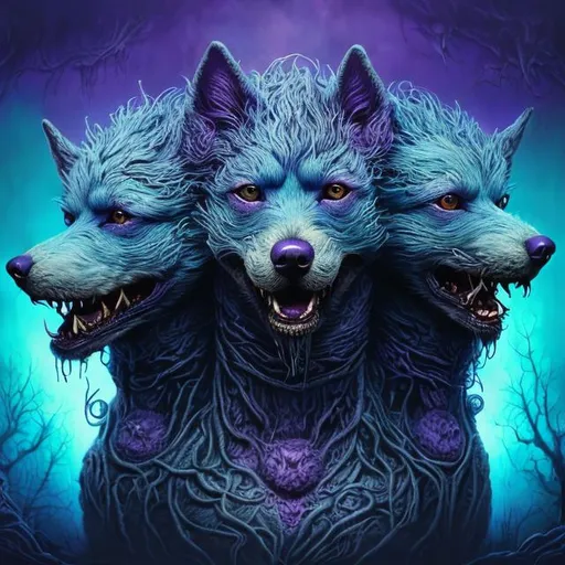 Prompt: 3-headed purple man-dog with light blue accents, detailed fur with reflections, surreal fantasy style, intense and eerie gaze, magical forest setting, high quality, fantasy, surreal, detailed fur, multiple heads, purple and light blue, atmospheric lighting