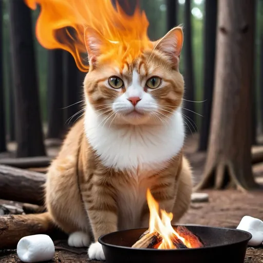 Prompt: light brawn cat with accents of white at a camp fire eating marshmallow little like anima for a you tube logo i am making