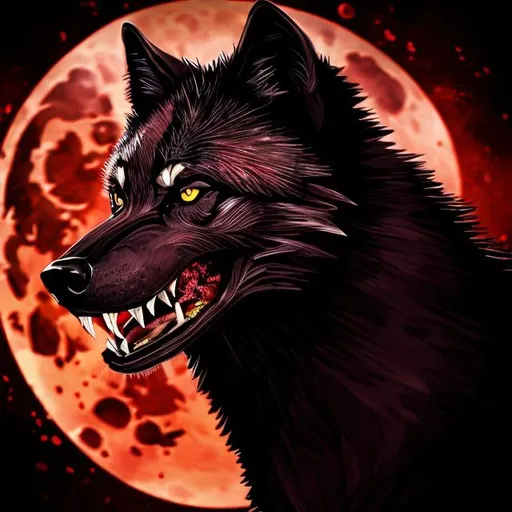 Prompt: Detailed illustration of a fierce black wolf, blood moon in the background, sharp teeth, red accents, intense gaze, high quality, vivid colors, detailed fur, realistic, dramatic lighting