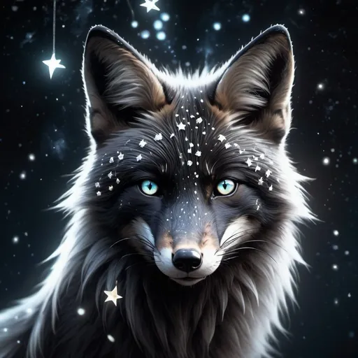 Prompt: Black fox with glowing white stars, mystical fantasy theme, highres, detailed fur, atmospheric lighting, fantasy, mystical, detailed eyes, sleek design, professional, glowing stars, cool tones, detailed fur, atmospheric lighting