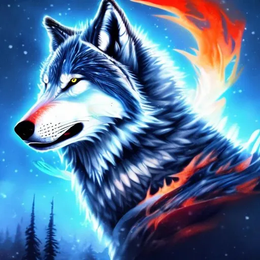 Prompt: a fire and ice wolf