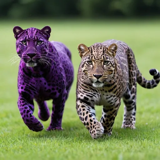 Prompt: a dark purple leopard and a purple leopard with valet spots running on grass 