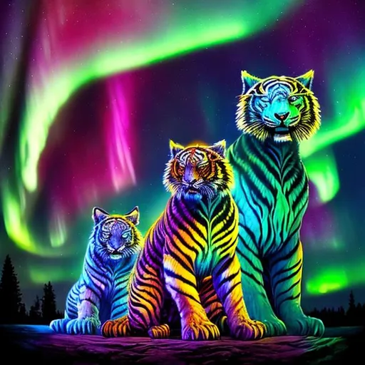 Prompt: two alien tigers in the northern lights with lots of detail