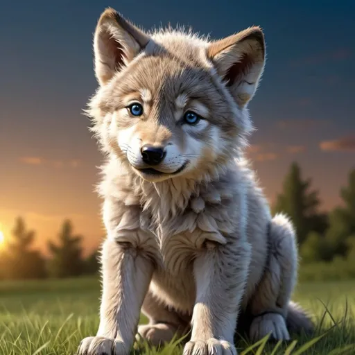 Prompt: (cute wolf cub with accents of blue cub) detailed hyper realistic sun set in background they are on the grass beautiful (cute) (cute) the wolf looks like a wolf 


                       CUTE!!!!!!!!!!