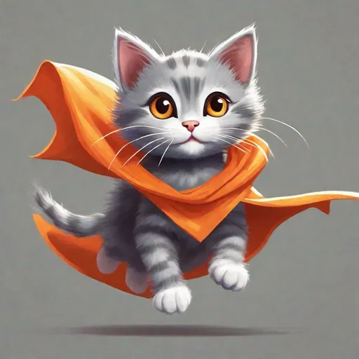 Prompt: Cartoon gray kitten with white strips and an orange cape flying, vibrant and whimsical art style, bright and warm color tones, dynamic and joyful expression, high quality, cartoon, flying kitten, whimsical, vibrant colors, joyful expression, warm tones, dynamic movement, detailed fur, colorful cape, high quality