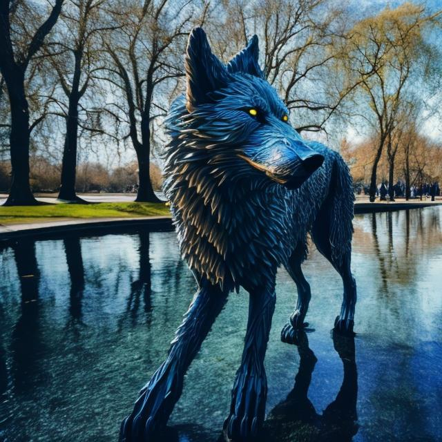 Prompt: a wolf made of water in the park