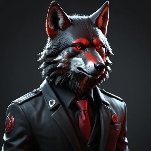 Prompt: black and red wolf vulpera, dark fur, anthropomorphic, full body, sci fi agent, uhd, photorealistic, very detailed the wolf looks cool
