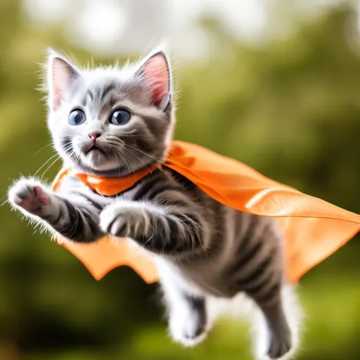 Prompt: a gray kitten with whit strips and a orange cape on
flying fake