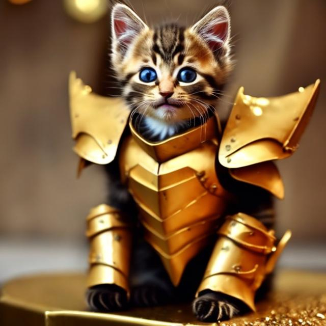 Prompt: a kitten in gold armor