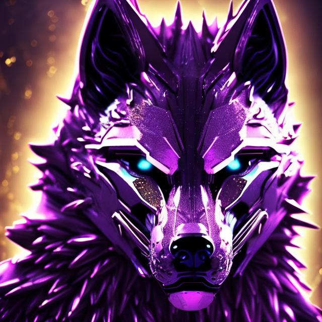 Prompt: Bright gold sci-fi wolf head, metallic textures with light purple accents, futuristic neon background, detailed fur with metallic sheen, intense and focused gaze, high-tech headgear, best quality, highres, ultra-detailed, sci-fi, metallic, bright gold, futuristic, detailed fur, intense gaze, light purple accents, atmospheric lighting