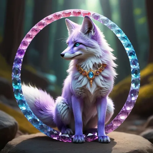 Prompt: (best quality:1.4), (masterpiece:1.4), ((Calarts style)), fluffy lilac Fox, Fox, 9 tailed fox, jewelry with precious stones, dazzling crystal glowing blue eyes, lush canyon, standing on a magic circle, vibrant glowing colors, concept art style, high quality, extreme detail, blur, depth of field, and blurred foreground, glitch-free, UHD, trending, professional shading, golden ratio, complementary colors the gold ring around it is glowing gems on its tail
