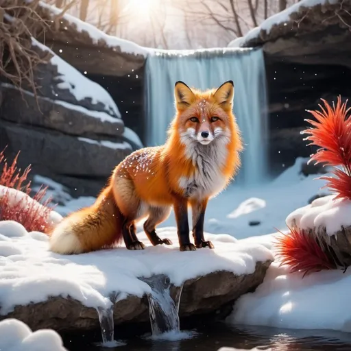 Prompt: red and orang fluffy fox in the snow at a waterfall with crystals around it good lighting detailed