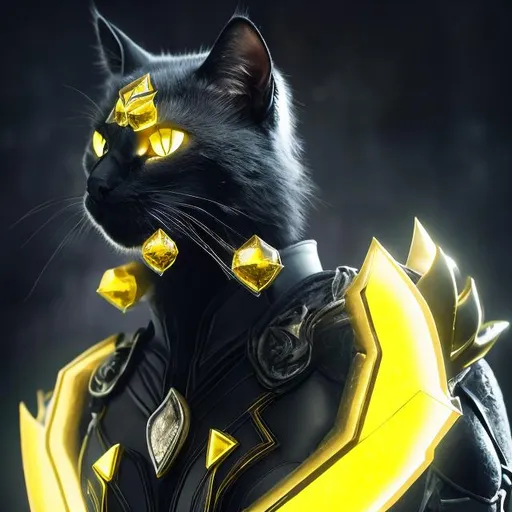 Prompt: Black cat with gray armor and yellow gems, detailed fur with sleek reflections, intense and mysterious gaze, high-tech armor, glowing yellow gemstones, highres, ultra-detailed, sleek design, professional, atmospheric lighting