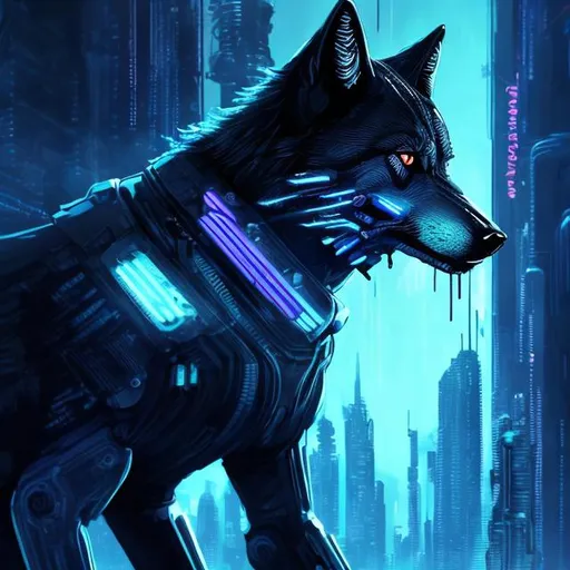 Prompt: Detailed, sleek black sci-fi wolf with glowing blue accents, intense and focused gaze, futuristic cyberpunk setting, high-tech collar, urban city lights, best quality, highres, ultra-detailed, sci-fi, cyberpunk, cool tones, detailed eyes, professional, atmospheric lighting