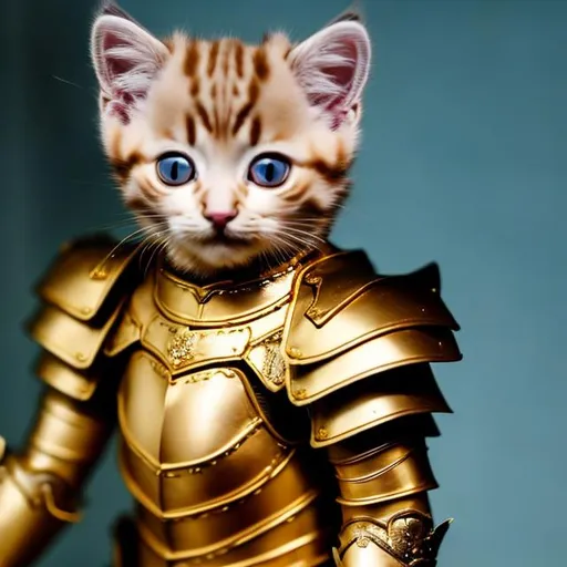 Prompt: a gold kitten in gold armor