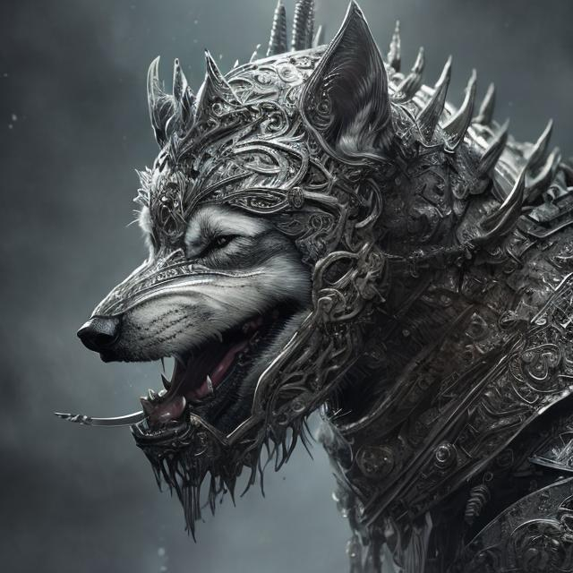 Prompt: Warrior dog in detailed gray armor, fierce expression, high-quality, detailed, realistic, fantasy, intense lighting, metallic tones, intricate design, powerful stance