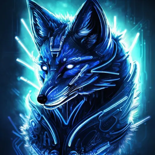 Prompt: Detailed sci-fi illustration of a dark blue fox, accents of light blue, futuristic setting, glowing neon lights, detailed fur with cool reflections, intense and focused gaze, high-tech cybernetic enhancements, best quality, highres, ultra-detailed, sci-fi, futuristic, detailed fur, intense gaze, cybernetic enhancements, cool tones, atmospheric lighting