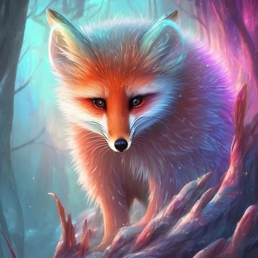 Prompt: Magical ice fox, digital painting, vibrant and fiery colors, mystical forest setting, intense and powerful gaze, translucent fiery fur, mystical, high quality, detailed, fantasy, ethereal, fiery, magical, vibrant colors, mystical forest, intense gaze, digital painting, powerful, translucent fur, professional, atmospheric lighting