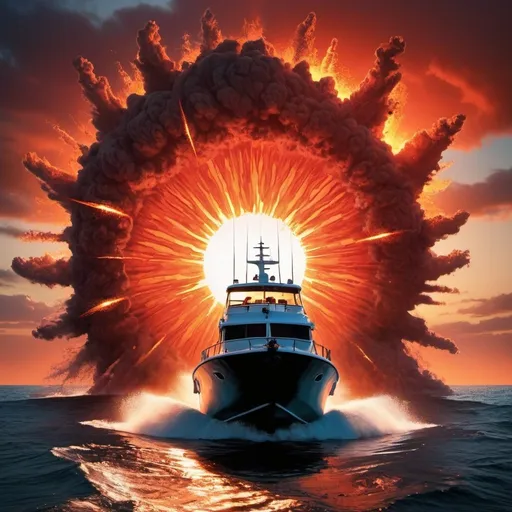 Prompt: a boat on the ocean with a sun set in the sky and a red and orange big explosion behind the boat detailed