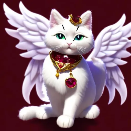 Prompt: a whit cat with ruby gems on it and wings