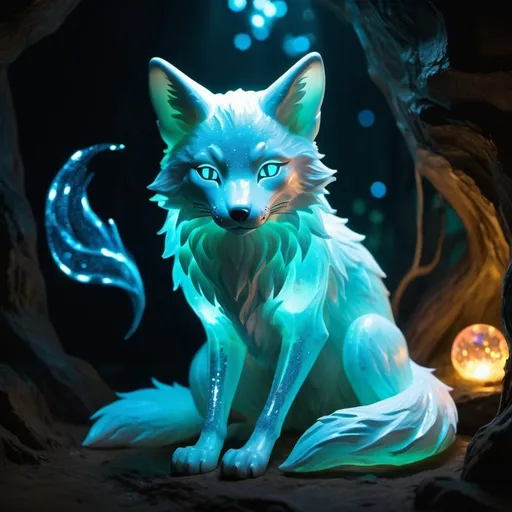 Prompt: A translucent kitsune that is glowing, in a den, realistic, bioluminescent, glitter, highres, best quality, concept art good lighting
