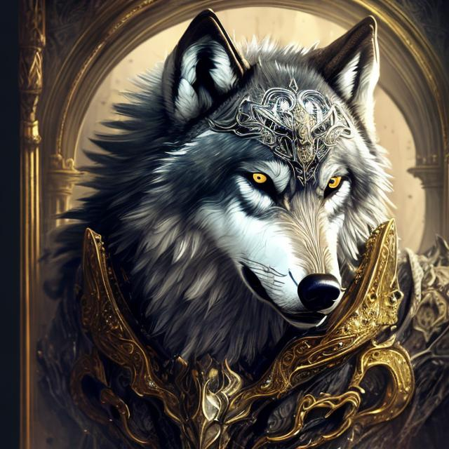Prompt: Detailed illustration of a majestic wolf in ornate gray armor with golden gem embellishments, intense and piercing gaze, realistic fantasy art, cool and muted color palette, intricate details, highres, medieval fantasy, gray armor with golden gems, intense gaze, realistic, fantasy art, cool tones, detailed illustration, ornate design, professional, atmospheric lighting