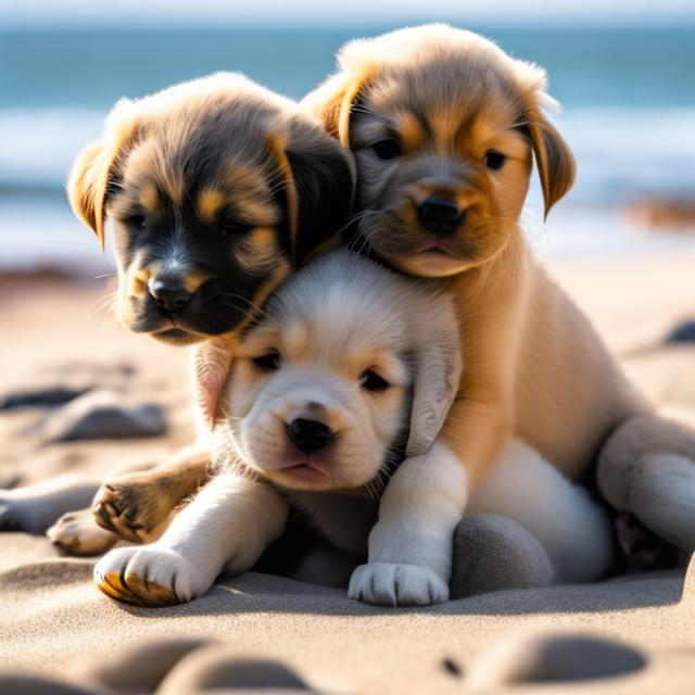 Prompt: two puppies hugging on the beach lots of detail