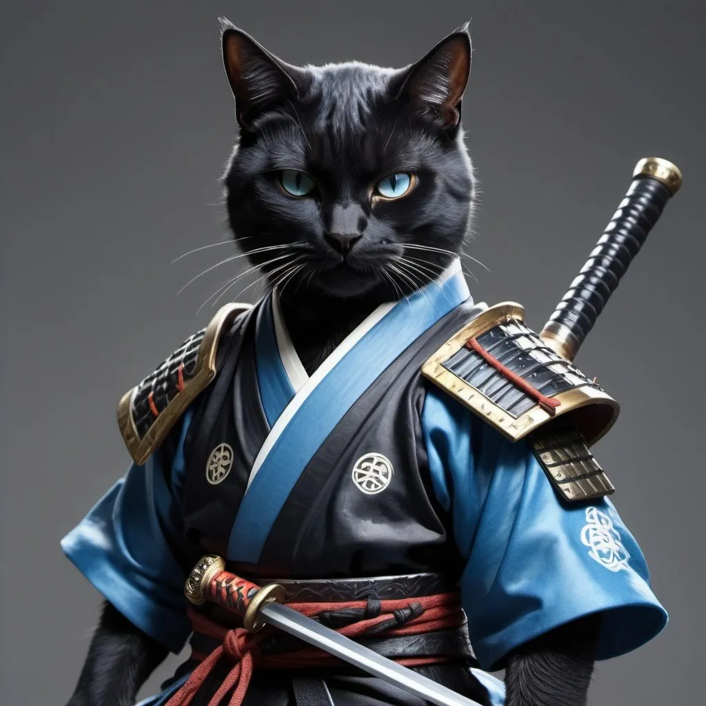 Prompt: A black and blue cat wearing samurai outfit. Has a scar on face. Anime style, holding sword at the hilt hyper realistic
