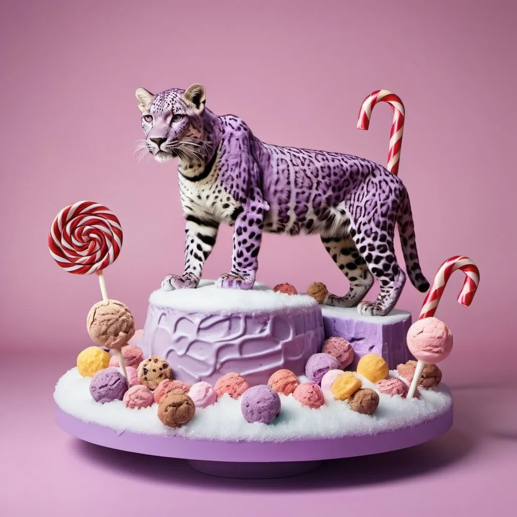 Prompt: a light purple leopard on a candy island made of ice cream, lollypops, chocolate bars, and candy canes