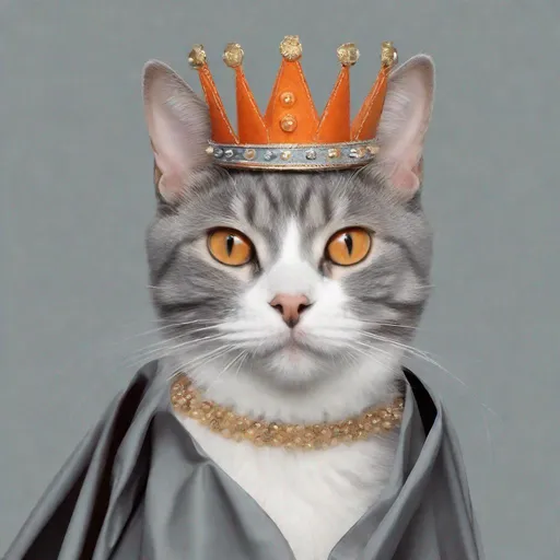 Prompt: a gray cat with whit strips and a crown and a orang cape fake