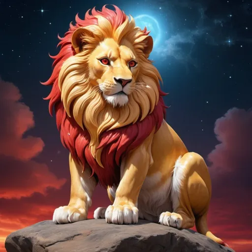 Prompt: warrior (lion) with {bright scarlet fur} and {ruby red eyes}, feral lion, kitsune, nine-tailed lion, gorgeous anime portrait, beautiful cartoon, beautiful 8k eyes, elegant {red fur}, four-legged, quadruped, pronounced scar on chest, oil painting, modest, gazing at viewer, fiery red eyes, glistening golden hair, furry golden paws, low angle view, 64k, hyper detailed, expressive, graceful, beautiful, small lithe cat, expansive silky golden mane, shining fur, deep starry sky, UHD background, golden ratio, precise, perfect proportions, vibrant colors, standing majestically on a tall crystal stone, hyper detailed, complementary colors, UHD, HDR, top quality art, beautiful detailed background, unreal 5, artstaion, deviantart, instagram, professional, masterpiece (CUTE) 
the lion is sitting on a rock (stars) in the (sky beautiful)

(LION)
