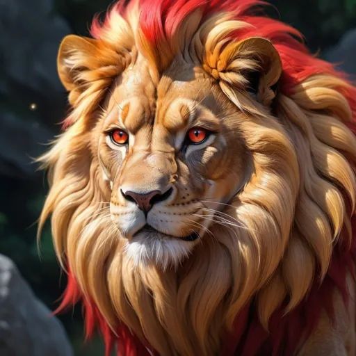 Prompt: warrior (lion) with {bright scarlet fur} and {ruby red eyes}, feral lion, kitsune, nine-tailed lion, gorgeous anime portrait, beautiful cartoon, beautiful 8k eyes, elegant {red fur}, four-legged, quadruped, pronounced scar on chest, oil painting, modest, gazing at viewer, fiery red eyes, glistening golden hair, furry golden paws, low angle view, 64k, hyper detailed, expressive, graceful, beautiful, small lithe cat, expansive silky golden mane, shining fur, deep starry sky, UHD background, golden ratio, precise, perfect proportions, vibrant colors, standing majestically on a tall crystal stone, hyper detailed, complementary colors, UHD, HDR, top quality art, beautiful detailed background, unreal 5, artstaion, deviantart, instagram, professional, masterpiece
