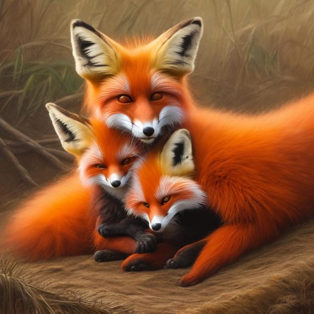 Prompt: realistic red and orang fox laying dawn near a river detailed