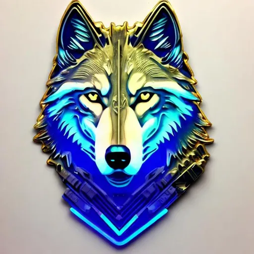 Prompt: bright gold sci fi wolf with accents of blue