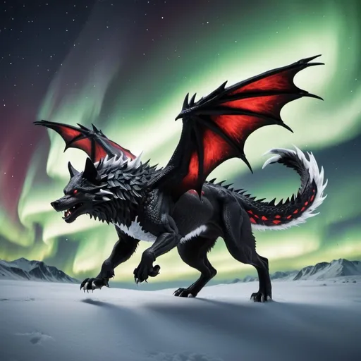 Prompt: black and white dragon wolf with black two wings with a accent of white and one black tail with red spikes the dragon wolf is flying in the sky with the northern lights in the sky too  hyper realistic good lighting