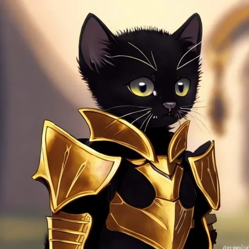 Prompt: a black kitten in gold armor anime