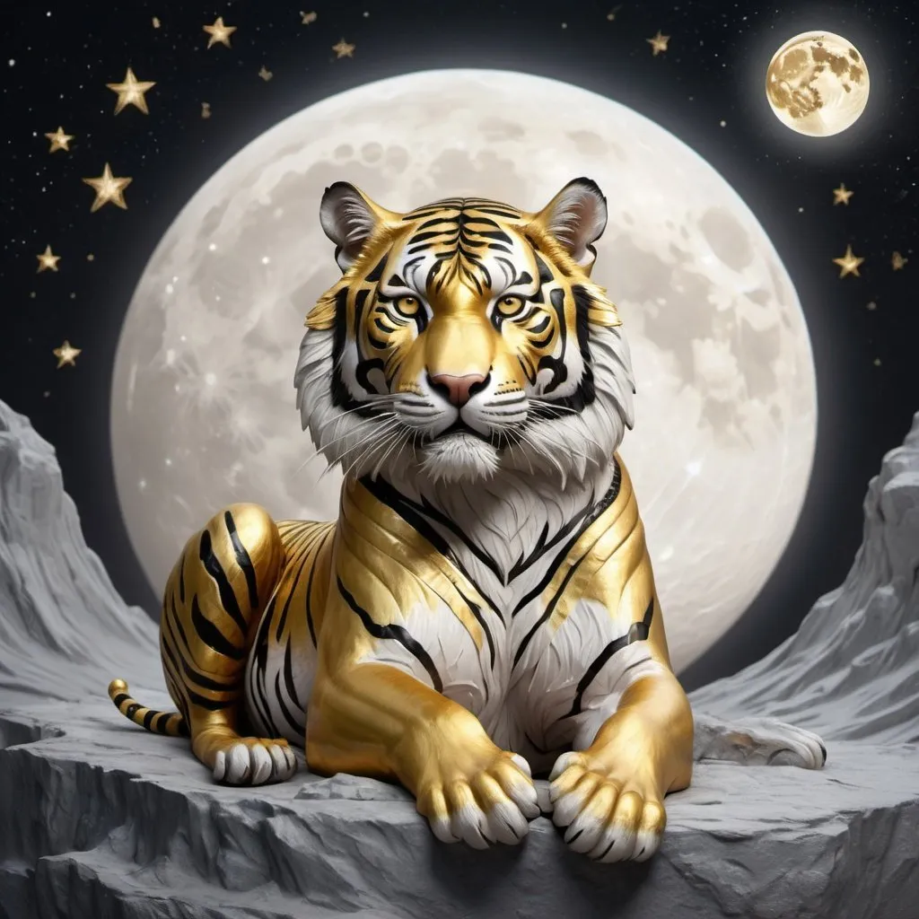 Prompt:  a gold tiger with a crawn on the tiger is siting on a silver and gold thrown detailed hyper realistic and a white glowing moon in the top left corner in the sky as well as glowing stars no stars on the tiger just in the sky