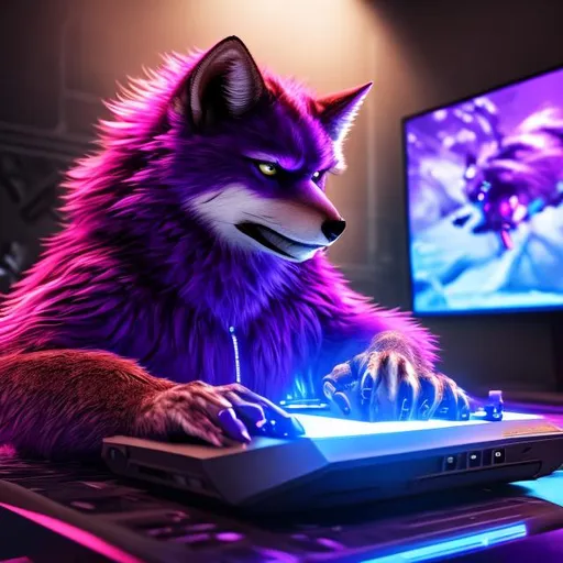 Prompt: Purple fox playing video games, detailed fur with cool reflections, intense and focused gaze, high-tech gaming setup, futuristic virtual reality environment, cool tones, highres, ultra-detailed, furry, professional, atmospheric lighting