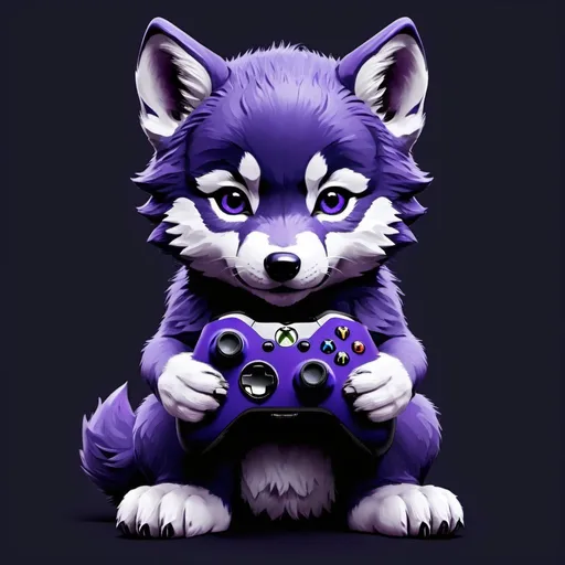 Prompt: (navy blue wolf cub) detailed (holding a purple Xbox controller) black) background) hyper realistic very cute make sure its a navy blue wolf cub with a purple controller