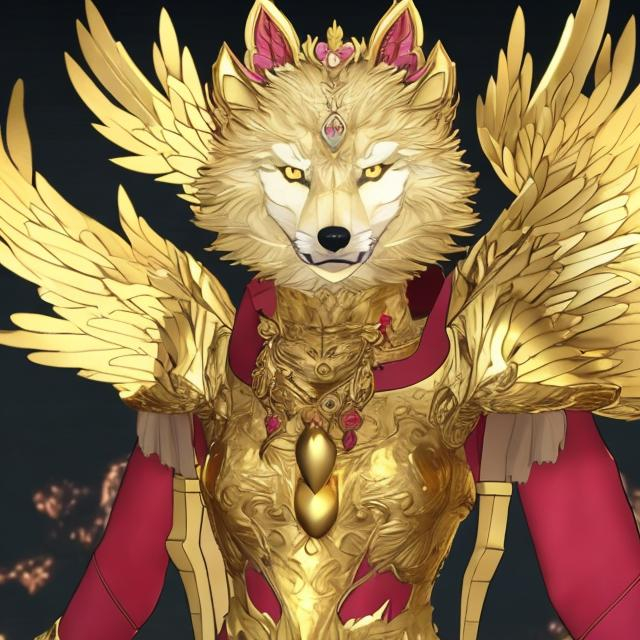 Prompt: a gold wolf with gold hock wings and a glowing red chest and some red on its tale anime gril