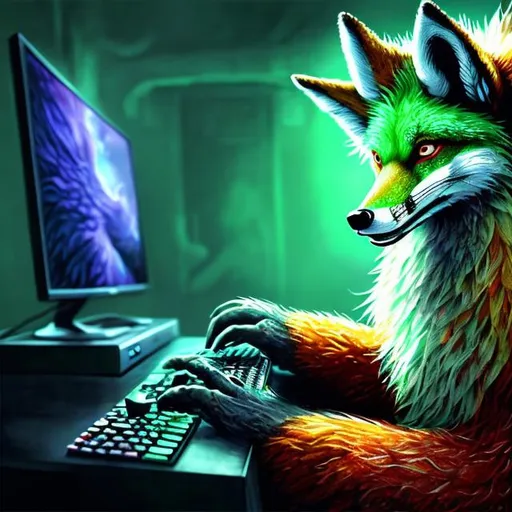 Prompt: Detailed illustration of a playful green fox, vibrant and realistic fur, immersed in video games, next-gen console controller in hand, intense focus on the screen, high quality, ultra-detailed, realistic, vibrant colors, digital art, detailed fur, playful atmosphere, gaming, detailed eyes, professional, immersive lighting