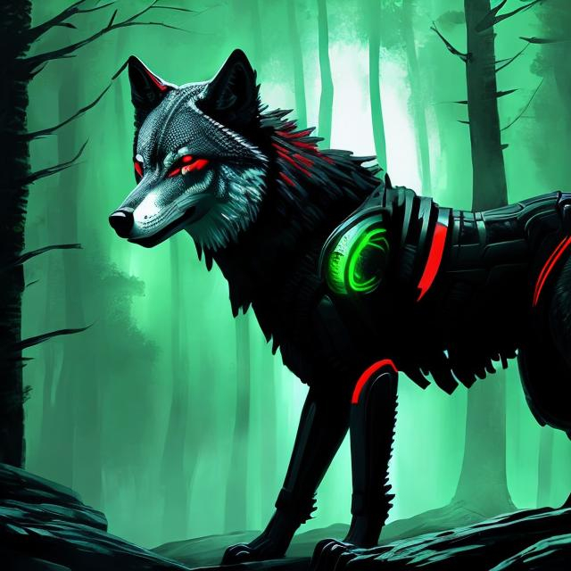 Prompt: sci fi light red wolf with accents of black detailed in a bright green forest good lighting